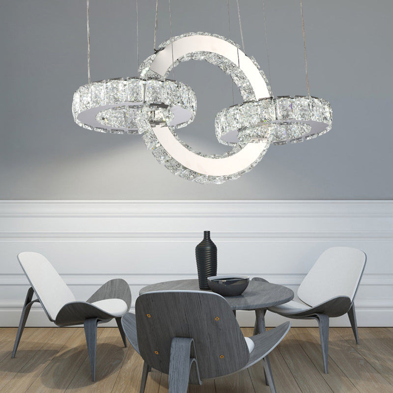 Chrome Round/Square Pendant Chandelier Modern Crystal Accent LED Pendant Light Fixture in White/Warm Light for Dining Room Chrome White Round Clearhalo 'Ceiling Lights' 'Chandeliers' 'Modern Chandeliers' 'Modern' Lighting' 187339