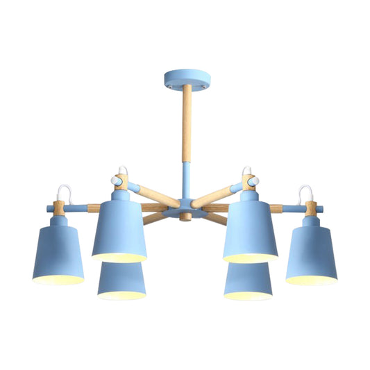 Baby Bedroom Bucket Chandelier Metal Wood 6 Lights Macaron Loft Suspension Light Clearhalo 'Ceiling Lights' 'Chandeliers' Lighting' options 187347