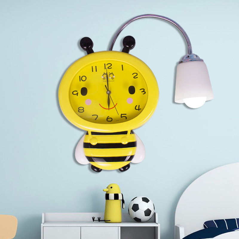 Yellow Clock Bee Wall Light 1 Light Cartoon Plastic Sconce Light for Boys Girls Bedroom Yellow Clearhalo 'Wall Lamps & Sconces' 'Wall Lights' Lighting' 187549