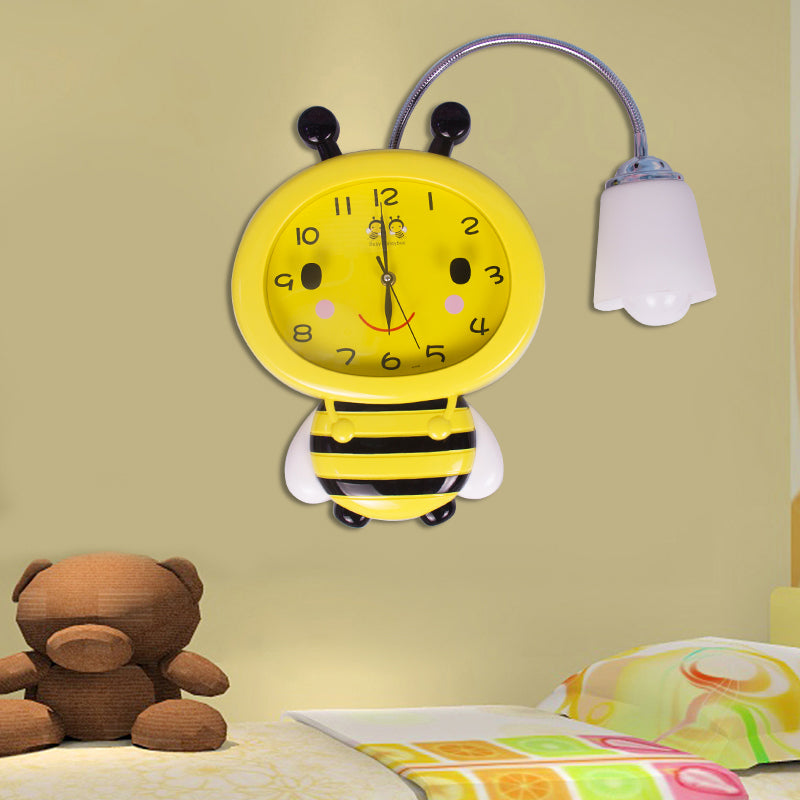 Yellow Clock Bee Wall Light 1 Light Cartoon Plastic Sconce Light for Boys Girls Bedroom Clearhalo 'Wall Lamps & Sconces' 'Wall Lights' Lighting' 187551