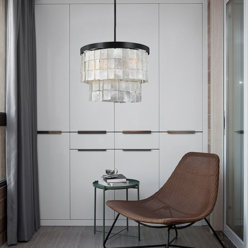 Cylinder Chandelier Lamp Nordic Shell 5 Lights White Hanging Ceiling Light for Living Room Clearhalo 'Ceiling Lights' 'Chandeliers' 'Modern Chandeliers' 'Modern' Lighting' 187568