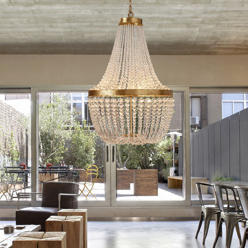 Luxurious Empire Beaded Chandelier for Villa Hotel Crystal 6 Lights Hanging Light Fixture in Gold Finish Clearhalo 'Ceiling Lights' 'Chandeliers' 'Modern Chandeliers' 'Modern' Lighting' 187590