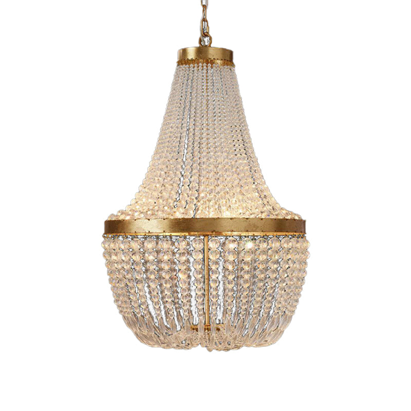 Luxurious Empire Beaded Chandelier for Villa Hotel Crystal 6 Lights Hanging Light Fixture in Gold Finish Clearhalo 'Ceiling Lights' 'Chandeliers' 'Modern Chandeliers' 'Modern' Lighting' 187591