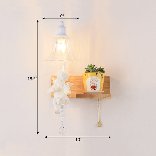 Bedroom Study Room Bell Wall Light with Angel Wood 1 Head Creative Clear Sconce Lamp Clearhalo 'Wall Lamps & Sconces' 'Wall Lights' Lighting' 187980