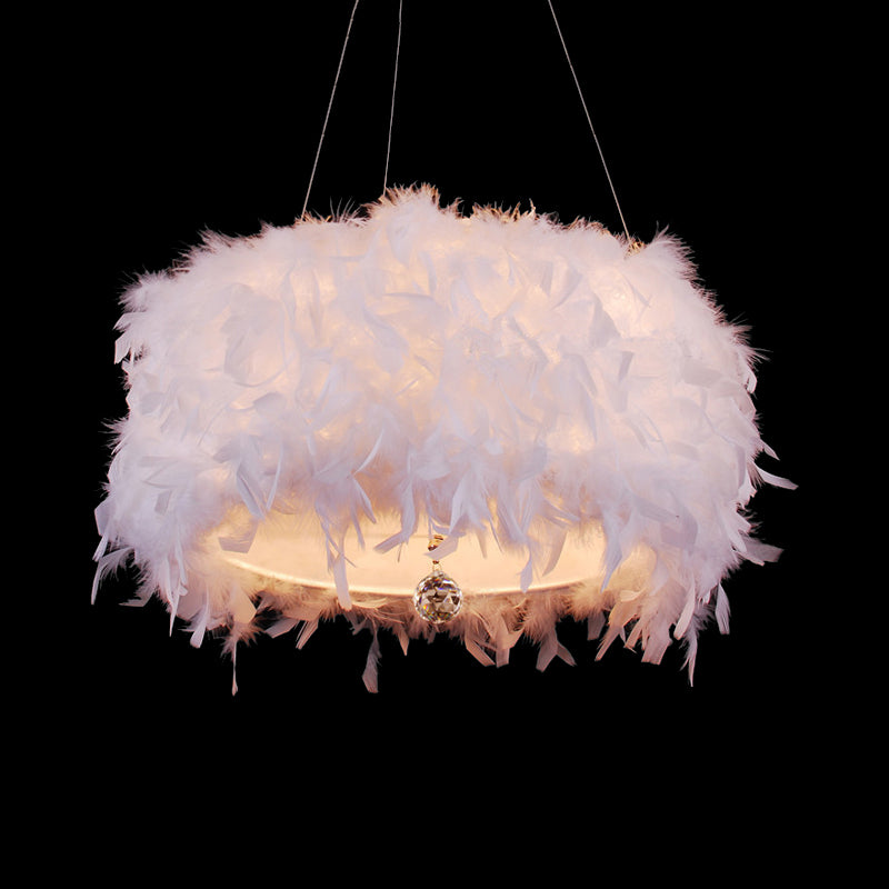 Romantic Drum Pendant Light One Light Feather Hanging Light in White for Adult Bedroom Clearhalo 'Ceiling Lights' 'Pendant Lights' 'Pendants' Lighting' 188072