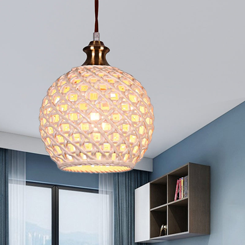 Creative Globe Basket Pendant Light 1 Head Ceramics Ceiling Light for Study Room Cafe Clearhalo 'Ceiling Lights' 'Pendant Lights' 'Pendants' Lighting' 188153