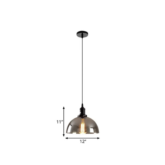 Dome Pendant Lighting Industrial 1 Light 10"/12" Wide Smoked Glass Hanging Lamp in Black Clearhalo 'Ceiling Lights' 'Glass shade' 'Glass' 'Industrial Pendants' 'Industrial' 'Middle Century Pendants' 'Pendant Lights' 'Pendants' 'Tiffany' Lighting' 1882985