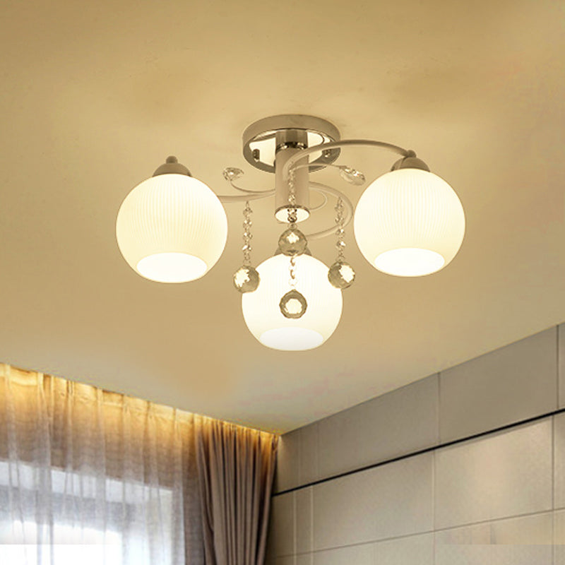 White Sphere Ceiling Flush Mount Traditional 3/5-Head Blown Glass Ceiling Lamp with Crystal Draping Clearhalo 'Ceiling Lights' 'Close To Ceiling Lights' 'Close to ceiling' 'Semi-flushmount' Lighting' 1883015