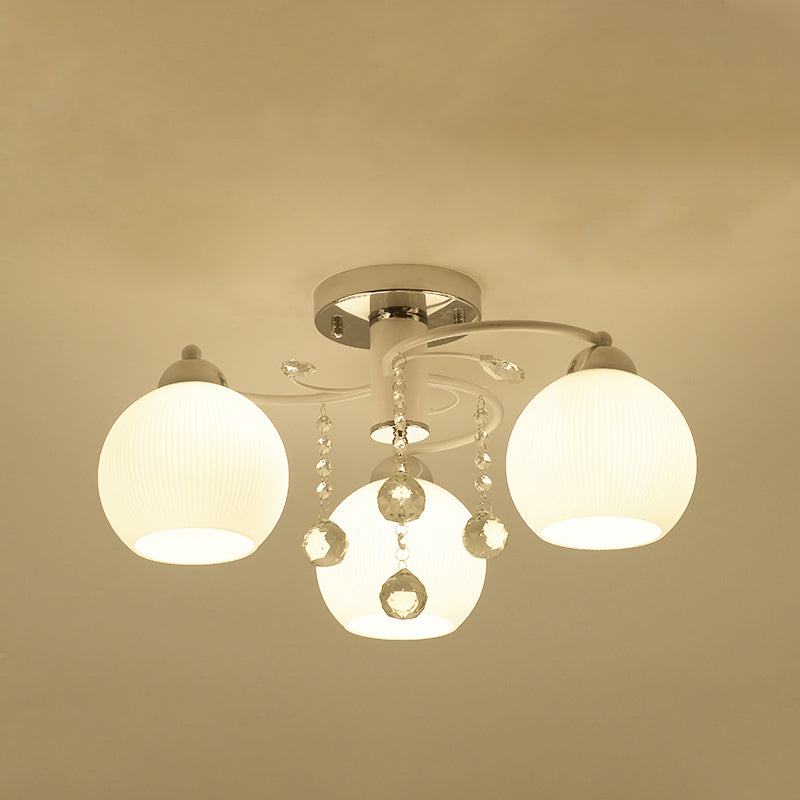 White Sphere Ceiling Flush Mount Traditional 3/5-Head Blown Glass Ceiling Lamp with Crystal Draping Clearhalo 'Ceiling Lights' 'Close To Ceiling Lights' 'Close to ceiling' 'Semi-flushmount' Lighting' 1883016