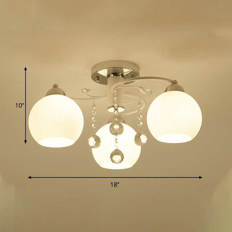 White Sphere Ceiling Flush Mount Traditional 3/5-Head Blown Glass Ceiling Lamp with Crystal Draping Clearhalo 'Ceiling Lights' 'Close To Ceiling Lights' 'Close to ceiling' 'Semi-flushmount' Lighting' 1883017