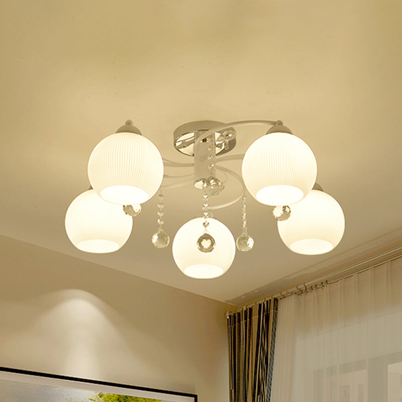 White Sphere Ceiling Flush Mount Traditional 3/5-Head Blown Glass Ceiling Lamp with Crystal Draping 5 White Clearhalo 'Ceiling Lights' 'Close To Ceiling Lights' 'Close to ceiling' 'Semi-flushmount' Lighting' 1883018