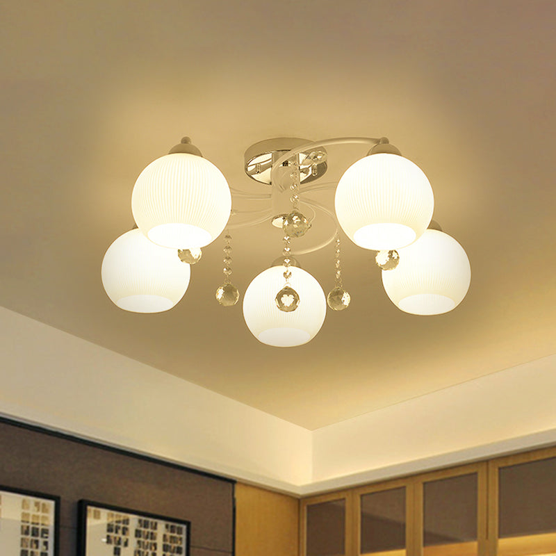 White Sphere Ceiling Flush Mount Traditional 3/5-Head Blown Glass Ceiling Lamp with Crystal Draping Clearhalo 'Ceiling Lights' 'Close To Ceiling Lights' 'Close to ceiling' 'Semi-flushmount' Lighting' 1883020
