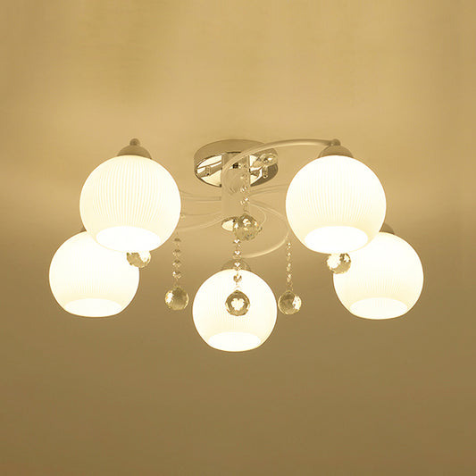 White Sphere Ceiling Flush Mount Traditional 3/5-Head Blown Glass Ceiling Lamp with Crystal Draping Clearhalo 'Ceiling Lights' 'Close To Ceiling Lights' 'Close to ceiling' 'Semi-flushmount' Lighting' 1883021