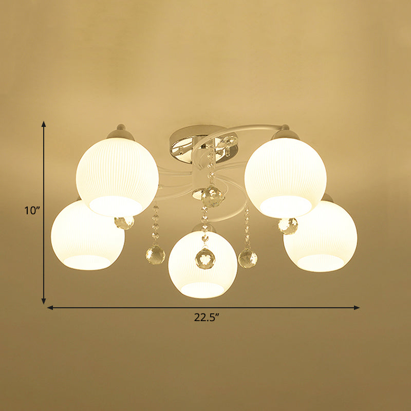 White Sphere Ceiling Flush Mount Traditional 3/5-Head Blown Glass Ceiling Lamp with Crystal Draping Clearhalo 'Ceiling Lights' 'Close To Ceiling Lights' 'Close to ceiling' 'Semi-flushmount' Lighting' 1883022