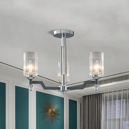 Modernist 3/6-Head Ceiling Flush Mount Cylindrical Crystal Semi Flush Light in Chrome 3 Chrome Clearhalo 'Ceiling Lights' 'Close To Ceiling Lights' 'Close to ceiling' 'Semi-flushmount' Lighting' 1883073