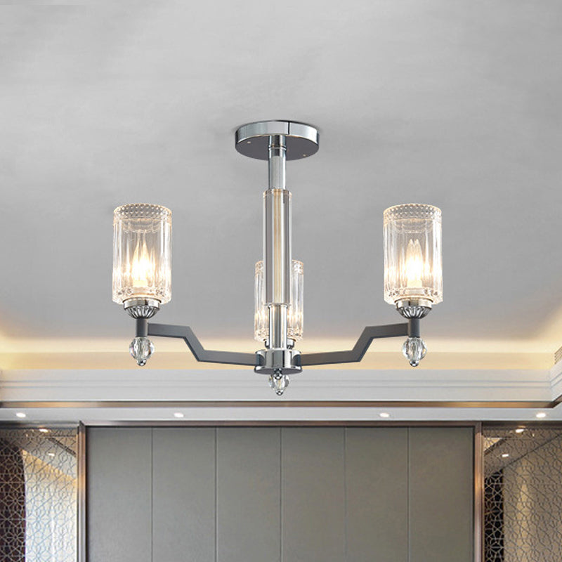 Modernist 3/6-Head Ceiling Flush Mount Cylindrical Crystal Semi Flush Light in Chrome Clearhalo 'Ceiling Lights' 'Close To Ceiling Lights' 'Close to ceiling' 'Semi-flushmount' Lighting' 1883074