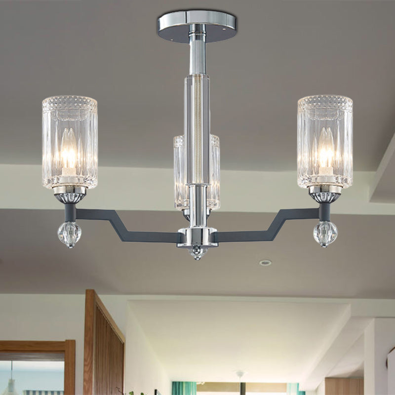 Modernist 3/6-Head Ceiling Flush Mount Cylindrical Crystal Semi Flush Light in Chrome Clearhalo 'Ceiling Lights' 'Close To Ceiling Lights' 'Close to ceiling' 'Semi-flushmount' Lighting' 1883075