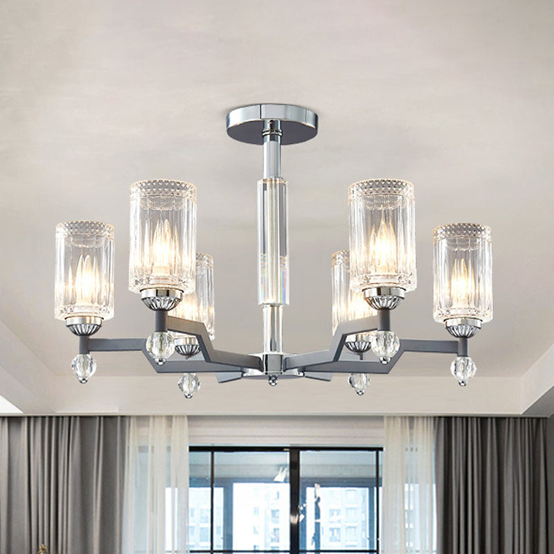 Modernist 3/6-Head Ceiling Flush Mount Cylindrical Crystal Semi Flush Light in Chrome 6 Chrome Clearhalo 'Ceiling Lights' 'Close To Ceiling Lights' 'Close to ceiling' 'Semi-flushmount' Lighting' 1883078