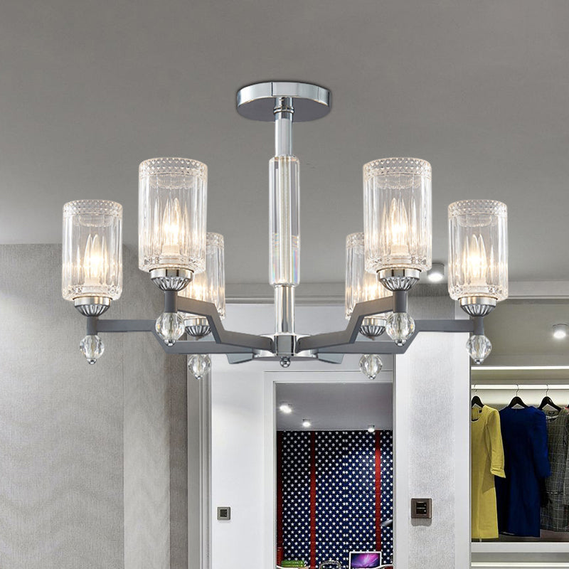 Modernist 3/6-Head Ceiling Flush Mount Cylindrical Crystal Semi Flush Light in Chrome Clearhalo 'Ceiling Lights' 'Close To Ceiling Lights' 'Close to ceiling' 'Semi-flushmount' Lighting' 1883080