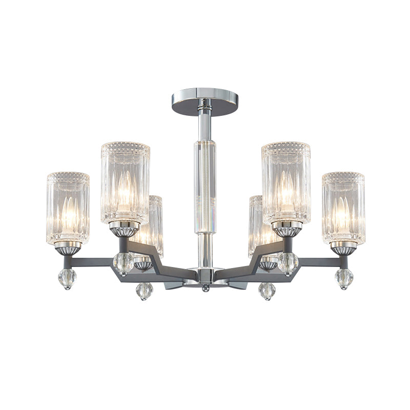 Modernist 3/6-Head Ceiling Flush Mount Cylindrical Crystal Semi Flush Light in Chrome Clearhalo 'Ceiling Lights' 'Close To Ceiling Lights' 'Close to ceiling' 'Semi-flushmount' Lighting' 1883081
