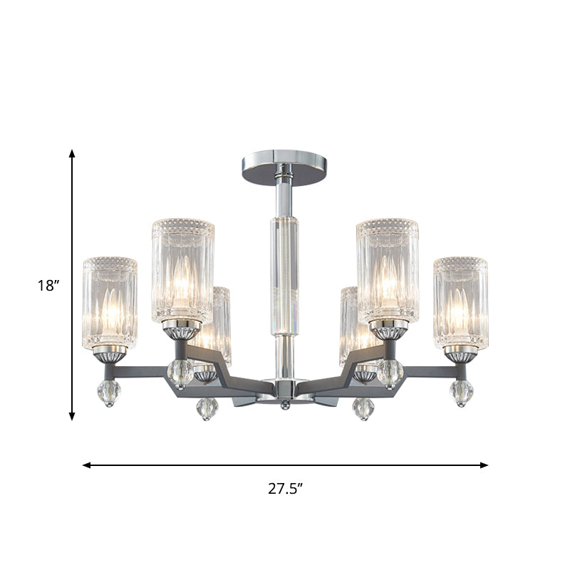 Modernist 3/6-Head Ceiling Flush Mount Cylindrical Crystal Semi Flush Light in Chrome Clearhalo 'Ceiling Lights' 'Close To Ceiling Lights' 'Close to ceiling' 'Semi-flushmount' Lighting' 1883082