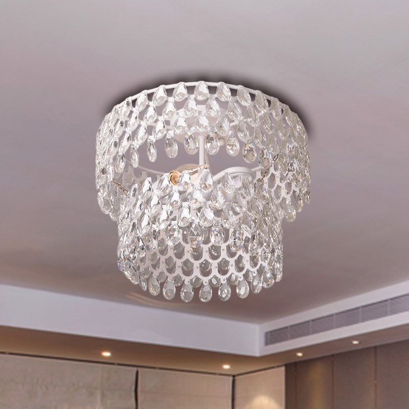 Modern 2-Light Flush Mount Light White Layered Round Ceiling Lamp with Crystal Droplet Clearhalo 'Ceiling Lights' 'Close To Ceiling Lights' 'Close to ceiling' 'Flush mount' Lighting' 1883104