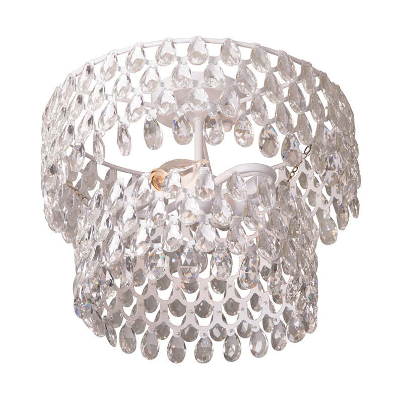 Modern 2-Light Flush Mount Light White Layered Round Ceiling Lamp with Crystal Droplet Clearhalo 'Ceiling Lights' 'Close To Ceiling Lights' 'Close to ceiling' 'Flush mount' Lighting' 1883105