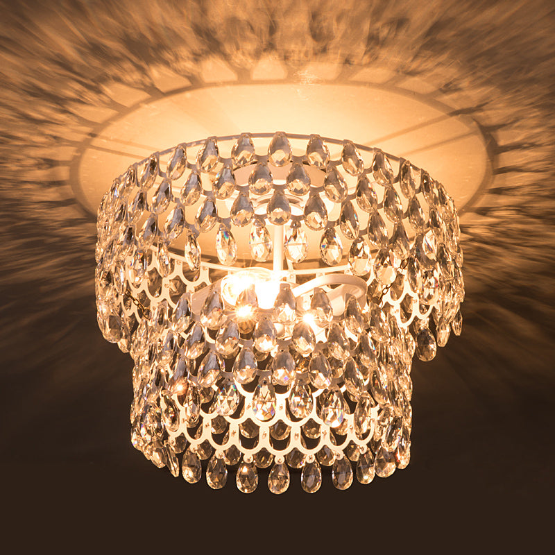 Modern 2-Light Flush Mount Light White Layered Round Ceiling Lamp with Crystal Droplet Clearhalo 'Ceiling Lights' 'Close To Ceiling Lights' 'Close to ceiling' 'Flush mount' Lighting' 1883106