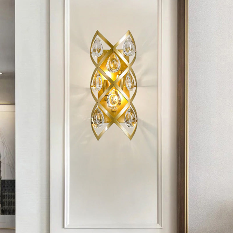 Clear Crystal Teardrop Sconce Light Fixture Contemporary 2 Lights Brass Finish Wall Light for Living Room Brass Clearhalo 'Cast Iron' 'Glass' 'Industrial' 'Modern wall lights' 'Modern' 'Tiffany' 'Traditional wall lights' 'Wall Lamps & Sconces' 'Wall Lights' Lighting' 1883118