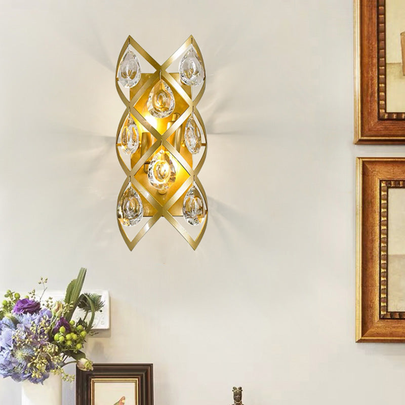 Clear Crystal Teardrop Sconce Light Fixture Contemporary 2 Lights Brass Finish Wall Light for Living Room Clearhalo 'Cast Iron' 'Glass' 'Industrial' 'Modern wall lights' 'Modern' 'Tiffany' 'Traditional wall lights' 'Wall Lamps & Sconces' 'Wall Lights' Lighting' 1883119