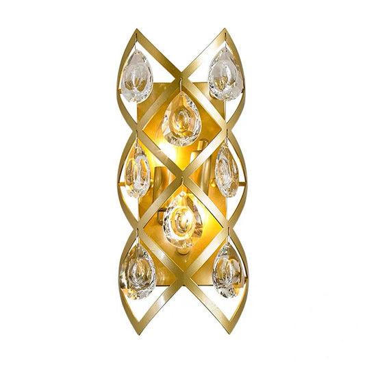 Clear Crystal Teardrop Sconce Light Fixture Contemporary 2 Lights Brass Finish Wall Light for Living Room Clearhalo 'Cast Iron' 'Glass' 'Industrial' 'Modern wall lights' 'Modern' 'Tiffany' 'Traditional wall lights' 'Wall Lamps & Sconces' 'Wall Lights' Lighting' 1883121