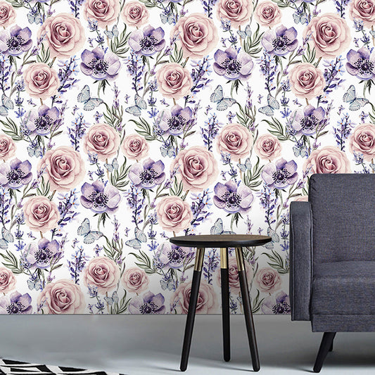 Illustration Style Wallpaper Blossoming Rose Wall Covering for Guest Room Decor in Soft Color, Self-Adhesive Purple-Pink Clearhalo 'Country wall decor' 'Rustic' 'Wallpaper' Wall Decor' 1883442