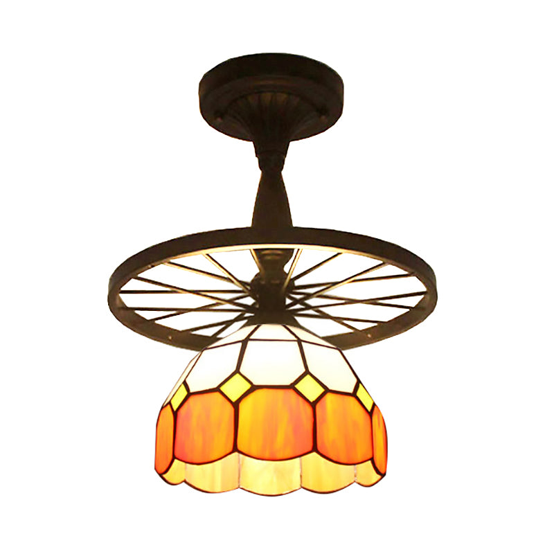 1 Head Grid Dome Ceiling Light with Sunflower/Victorian/Diamond/Square Pattern Tiffany Antique Glass Semi Flush Mount Light in Orange for Hallway Clearhalo 'Ceiling Lights' 'Close To Ceiling Lights' 'Close to ceiling' 'Glass shade' 'Glass' 'Semi-flushmount' 'Tiffany close to ceiling' 'Tiffany' Lighting' 188348