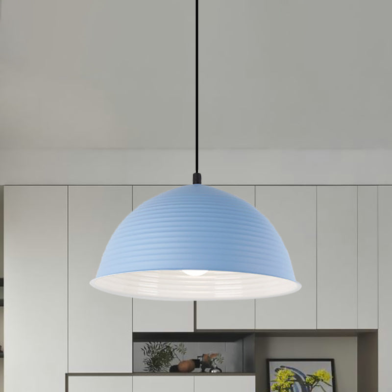 12"/16" W 1 Light Hanging Lamp with Ribbed Dome Shade Metal Industrial Indoor Ceiling Light in Grey/Yellow Blue Clearhalo 'Ceiling Lights' 'Modern Pendants' 'Modern' 'Pendant Lights' 'Pendants' Lighting' 1885738