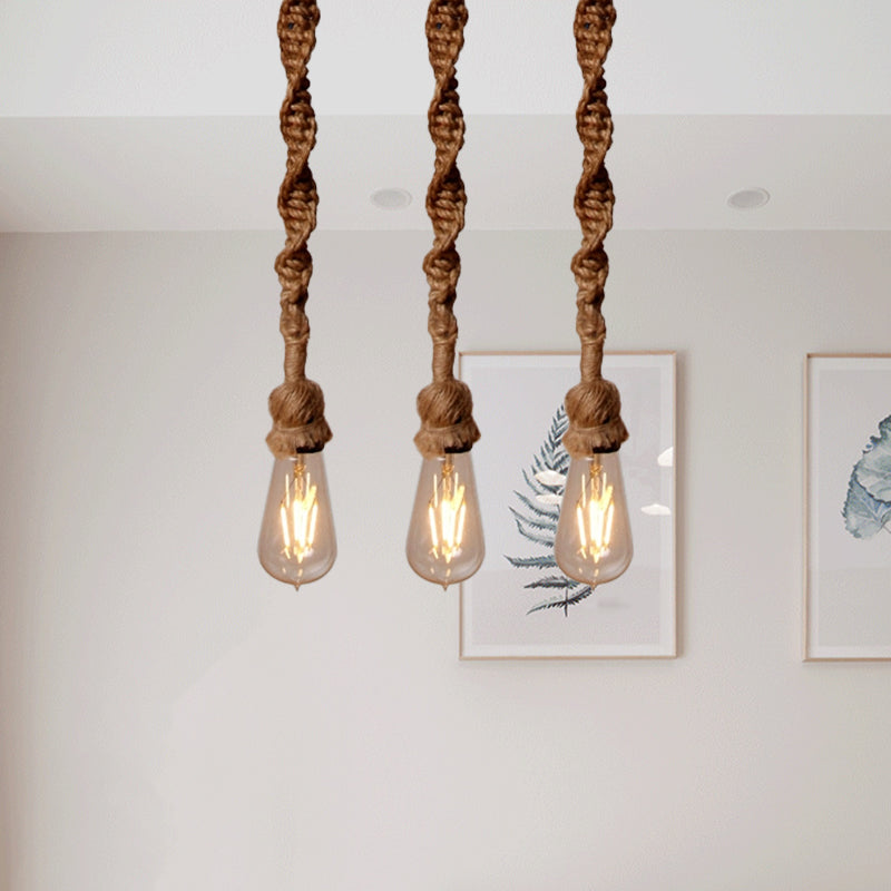 Minimalist Exposed Bulb Hanging Lamp 1/3-Head Rope Pendant Light Fixture in Brown for Bar Clearhalo 'Art Deco Pendants' 'Cast Iron' 'Ceiling Lights' 'Ceramic' 'Crystal' 'Industrial Pendants' 'Industrial' 'Metal' 'Middle Century Pendants' 'Pendant Lights' 'Pendants' 'Tiffany' Lighting' 1885778