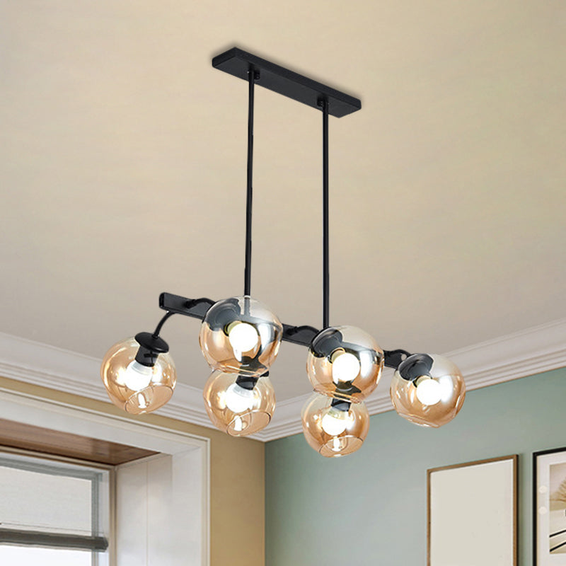 Black Finish Orb Shade Island Lighting 6/8 Lights Modern Glass Linear Pendant for Kitchen Dining Room 6 Amber Clearhalo 'Ceiling Lights' 'Glass shade' 'Glass' 'Island Lights' Lighting' 1885906