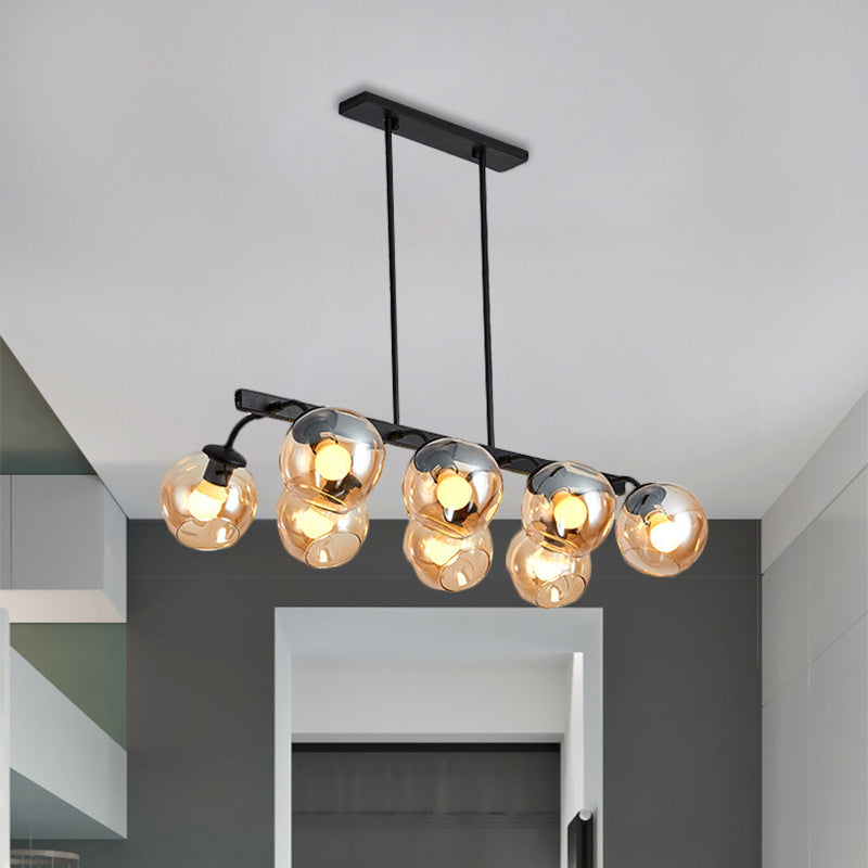 Black Finish Orb Shade Island Lighting 6/8 Lights Modern Glass Linear Pendant for Kitchen Dining Room 8 Amber Clearhalo 'Ceiling Lights' 'Glass shade' 'Glass' 'Island Lights' Lighting' 1885911