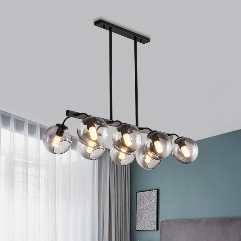 Black Finish Orb Shade Island Lighting 6/8 Lights Modern Glass Linear Pendant for Kitchen Dining Room 8 Smoke Gray Clearhalo 'Ceiling Lights' 'Glass shade' 'Glass' 'Island Lights' Lighting' 1885931