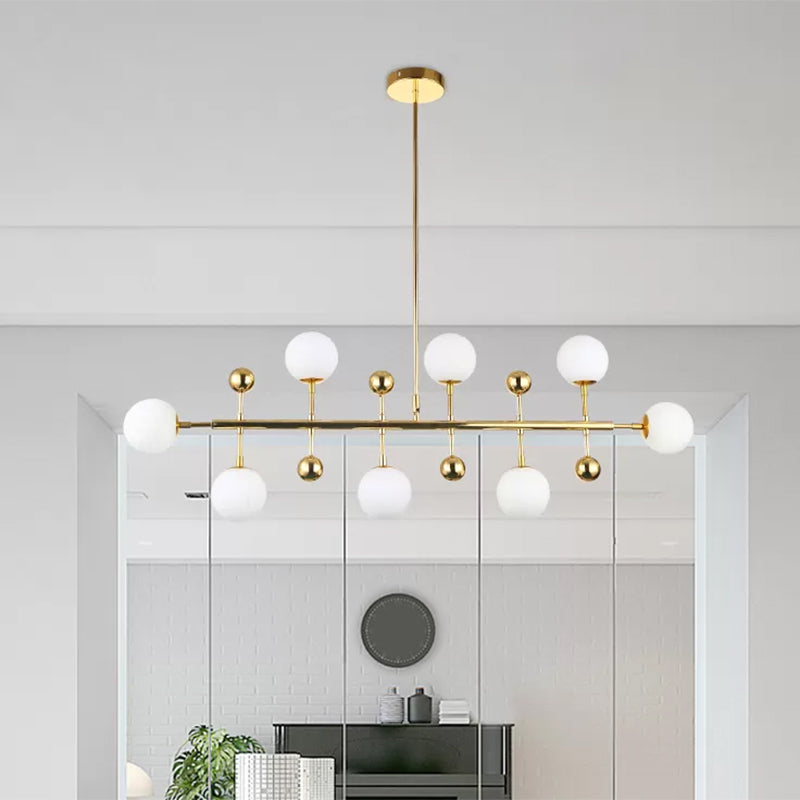 Hotel Ball Shade Linear Chandelier Opal Glass 8 Lights Modern Gold Ceiling Pendant Gold Clearhalo 'Ceiling Lights' 'Glass shade' 'Glass' 'Island Lights' Lighting' 1885946