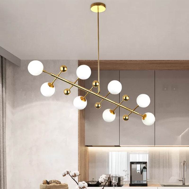 Hotel Ball Shade Linear Chandelier Opal Glass 8 Lights Modern Gold Ceiling Pendant Clearhalo 'Ceiling Lights' 'Glass shade' 'Glass' 'Island Lights' Lighting' 1885947