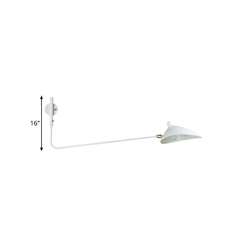 Industrial Conic Wall Sconce Light 1 Light Metallic Sconce Lamp with Long Arm in Black/White for Living Room Clearhalo 'Art deco wall lights' 'Cast Iron' 'Glass' 'Industrial wall lights' 'Industrial' 'Middle century wall lights' 'Modern' 'Rustic wall lights' 'Tiffany' 'Traditional wall lights' 'Wall Lamps & Sconces' 'Wall Lights' Lighting' 1886080