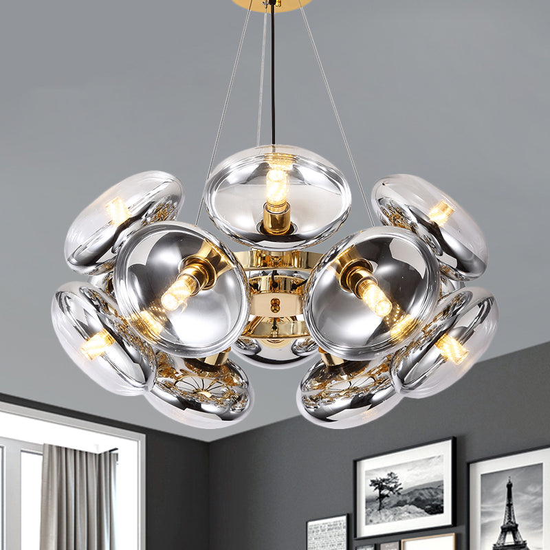 12-Light Round Shade Chandelier Modern Clear Glass Cord Hanging Light in Gold/Silver Gold Clearhalo 'Ceiling Lights' 'Chandeliers' 'Modern Chandeliers' 'Modern' Lighting' 1886111