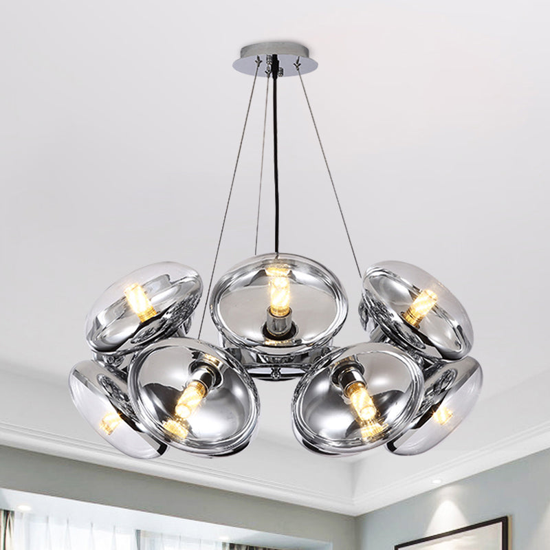 12-Light Round Shade Chandelier Modern Clear Glass Cord Hanging Light in Gold/Silver Silver Clearhalo 'Ceiling Lights' 'Chandeliers' 'Modern Chandeliers' 'Modern' Lighting' 1886116