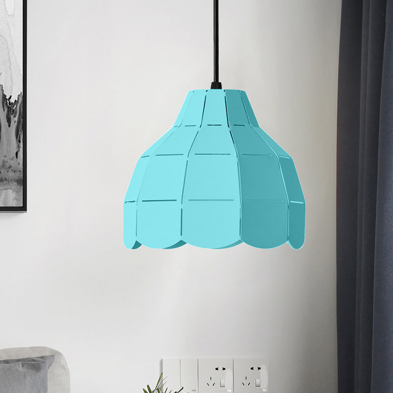 Scallop Dome Hanging Light Macaron Metal 1 Light Pink/Yellow/Blue Pendant Light for Living Room Blue Clearhalo 'Ceiling Lights' 'Modern Pendants' 'Modern' 'Pendant Lights' 'Pendants' Lighting' 1886181