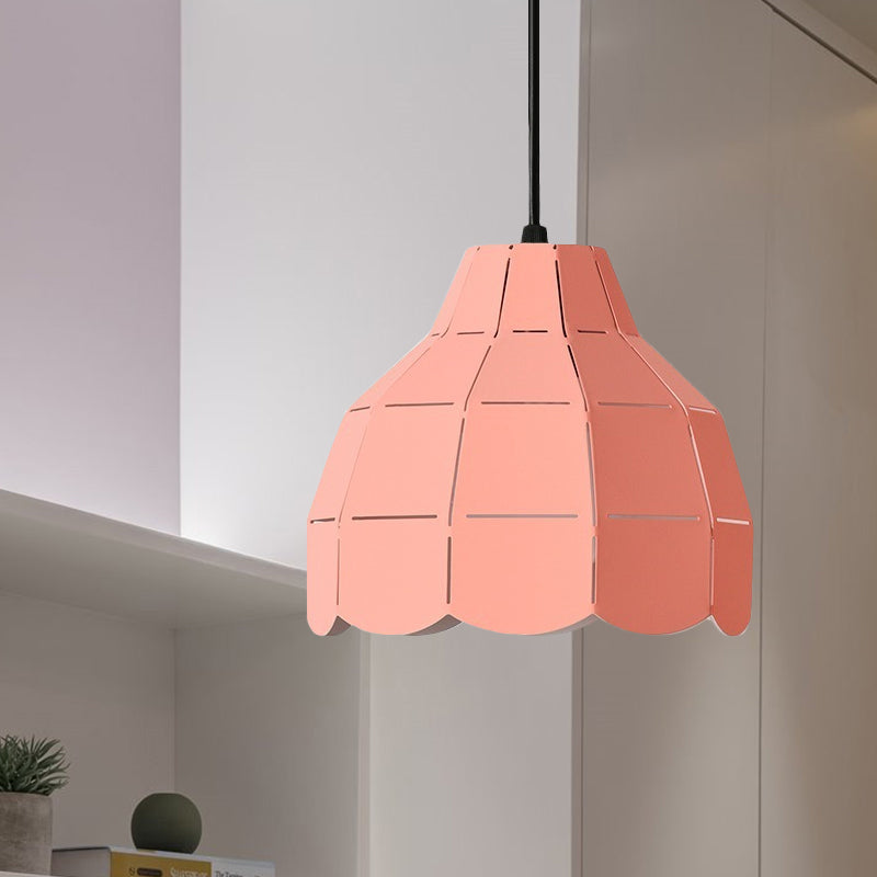 Scallop Dome Hanging Light Macaron Metal 1 Light Pink/Yellow/Blue Pendant Light for Living Room Pink Clearhalo 'Ceiling Lights' 'Modern Pendants' 'Modern' 'Pendant Lights' 'Pendants' Lighting' 1886185