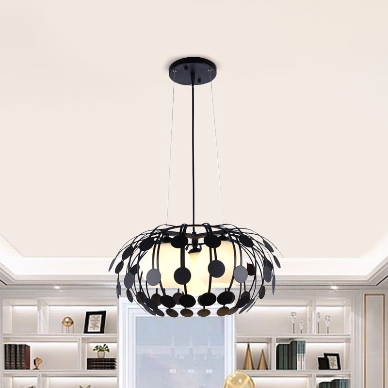 Black/White Globe Chandelier Modern 3 Lights White Glass Hanging Ceiling Lamp with Oval Iron Frame Black Clearhalo 'Ceiling Lights' 'Modern Pendants' 'Modern' 'Pendant Lights' 'Pendants' Lighting' 1886275