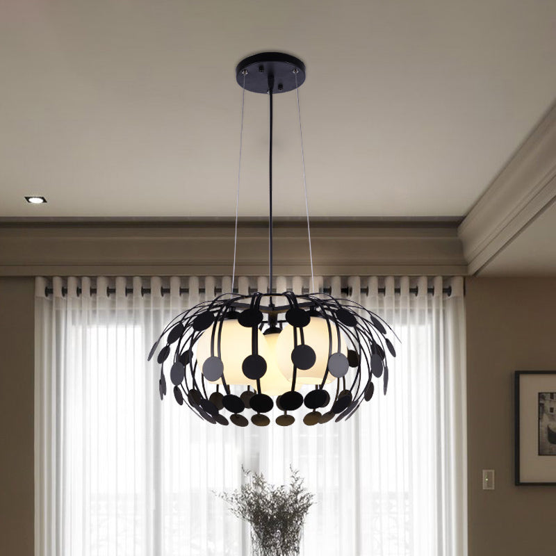 Black/White Globe Chandelier Modern 3 Lights White Glass Hanging Ceiling Lamp with Oval Iron Frame Clearhalo 'Ceiling Lights' 'Modern Pendants' 'Modern' 'Pendant Lights' 'Pendants' Lighting' 1886277