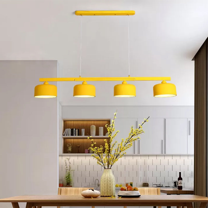 Macaron Drum Shade Hanging Chandelier Metal 4 Lights Ceiling Lamp over Dining Table Yellow Clearhalo 'Ceiling Lights' 'Island Lights' Lighting' 1886378