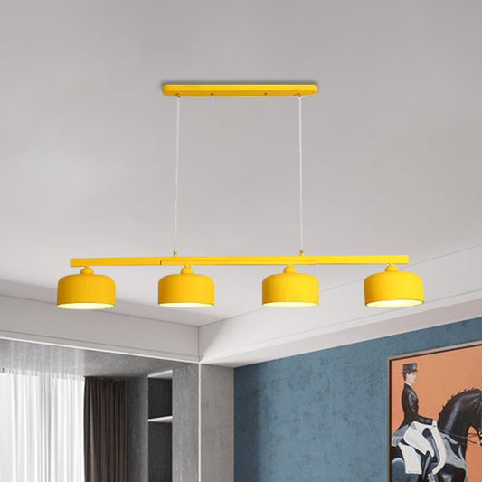 Macaron Drum Shade Hanging Chandelier Metal 4 Lights Ceiling Lamp over Dining Table Clearhalo 'Ceiling Lights' 'Island Lights' Lighting' 1886380