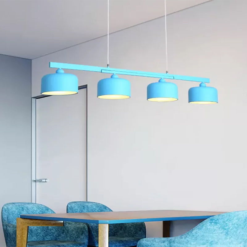 Macaron Drum Shade Hanging Chandelier Metal 4 Lights Ceiling Lamp over Dining Table Blue Clearhalo 'Ceiling Lights' 'Island Lights' Lighting' 1886383